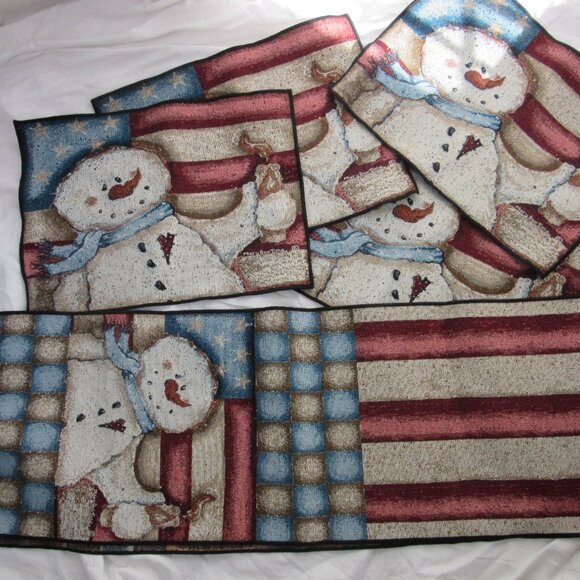 Mary Ann June Patriotic Christmas Snowmen 4 Placemats and 1 Table Runner - Picture 1 of 7